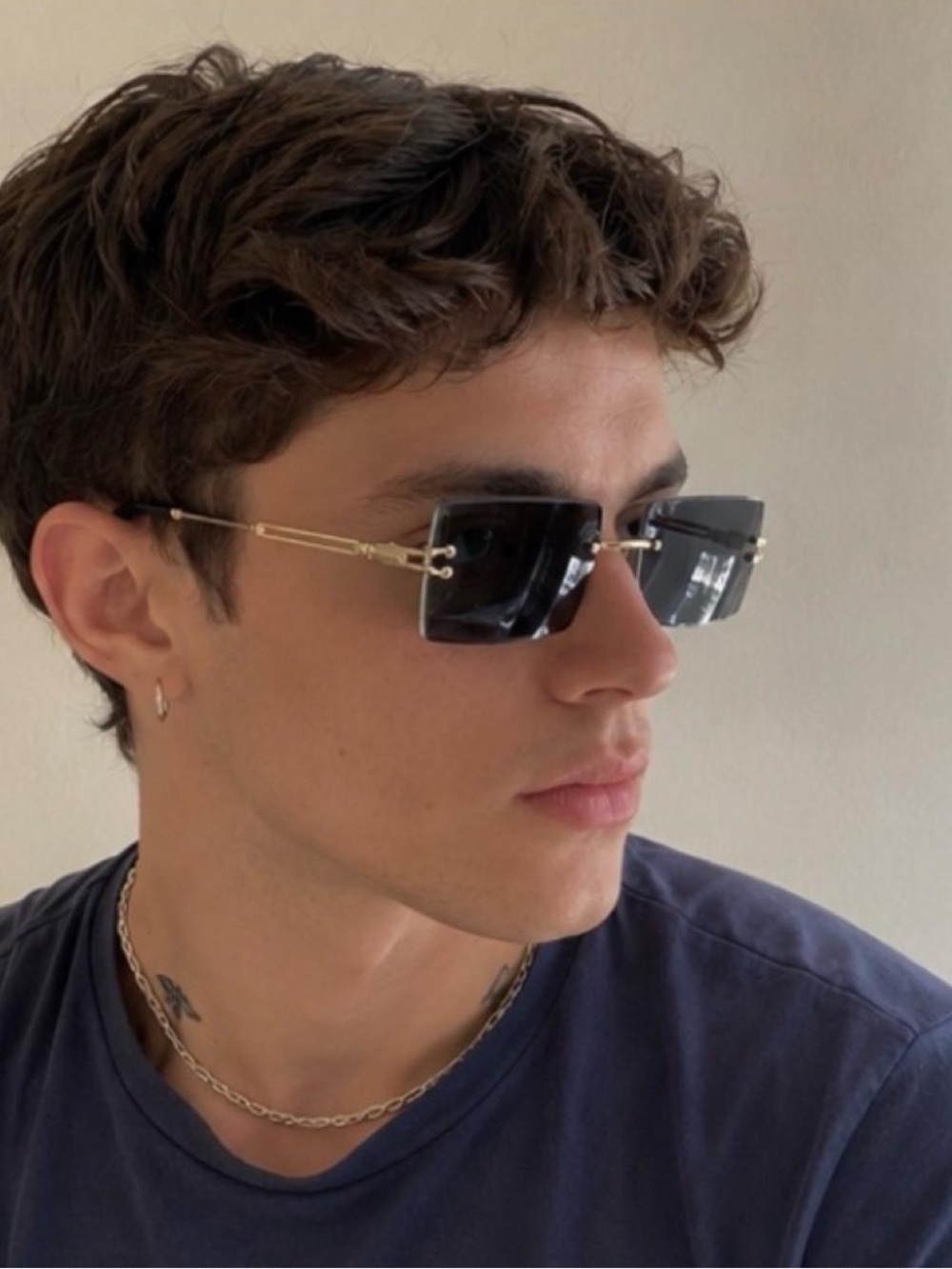 Rimless Rectangle Black Lens Gold Frame Unisex Sunglasses